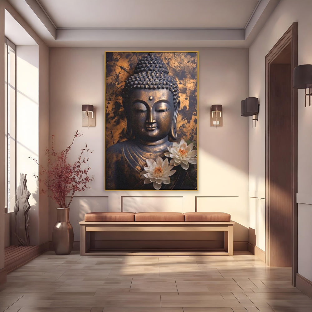 Tablou canvas cu tablou canvas cu buddha si flori de lotus, in rama de aluminiu auriu